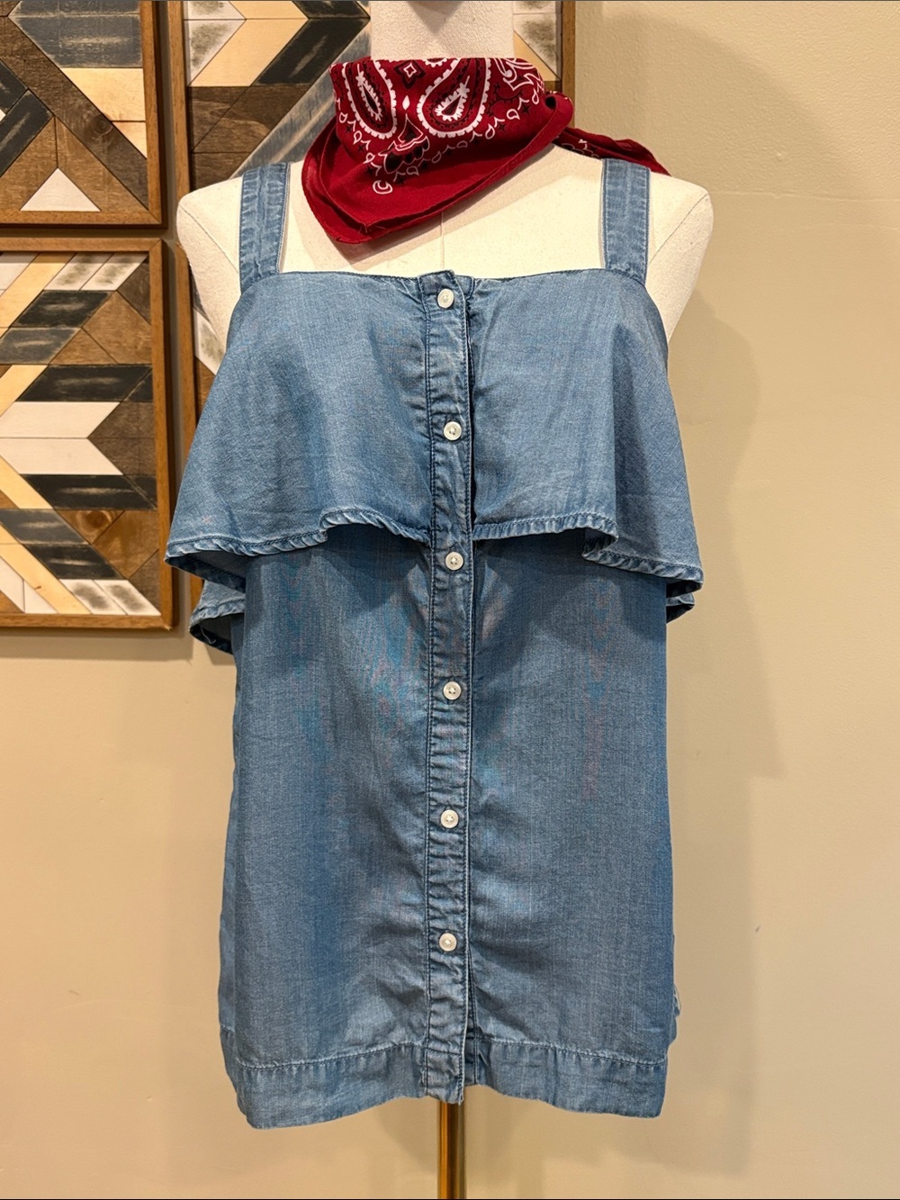 Blue Chambray Western Ruffled Bib Denim Tank Top Michael by Michael Kors XS